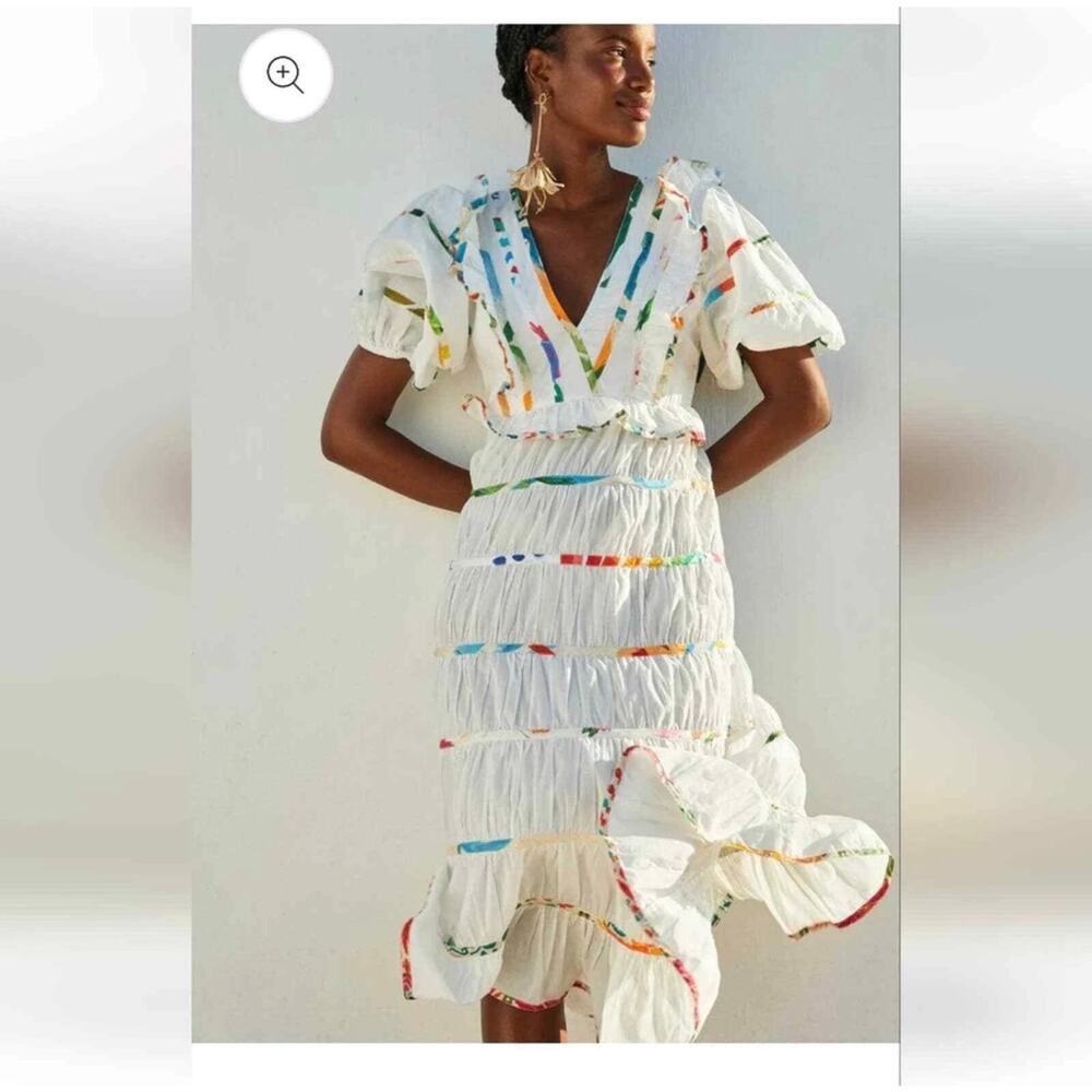 Farm Rio Mixed Off-White Prints Midi Dress Multicolor V-Neck Ruffle  M